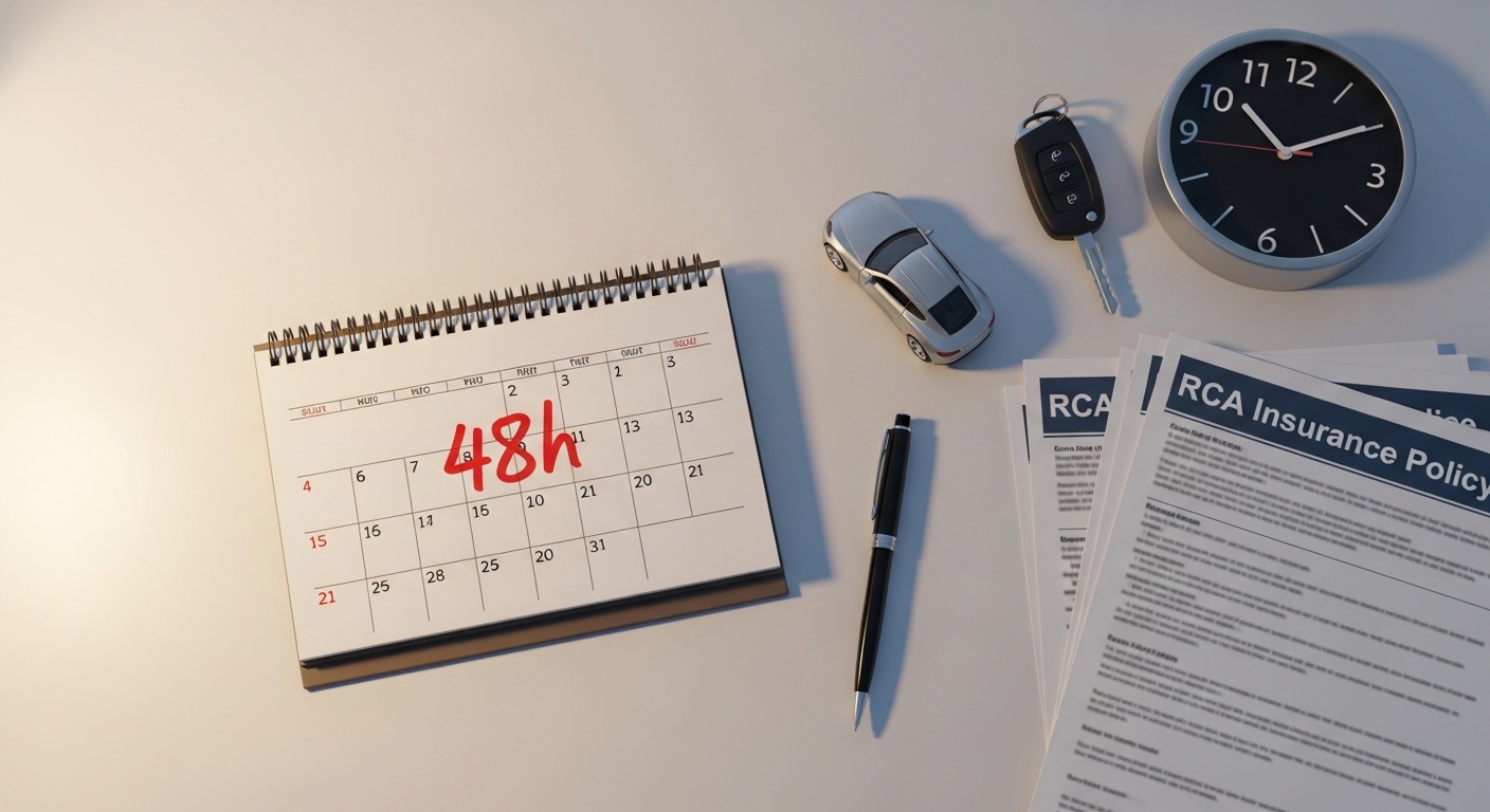 Calendar cu termen de 48 de ore marcat și documente de asigurare RCA pe birou, simbolizând termenul de depunere a constatării amiabile